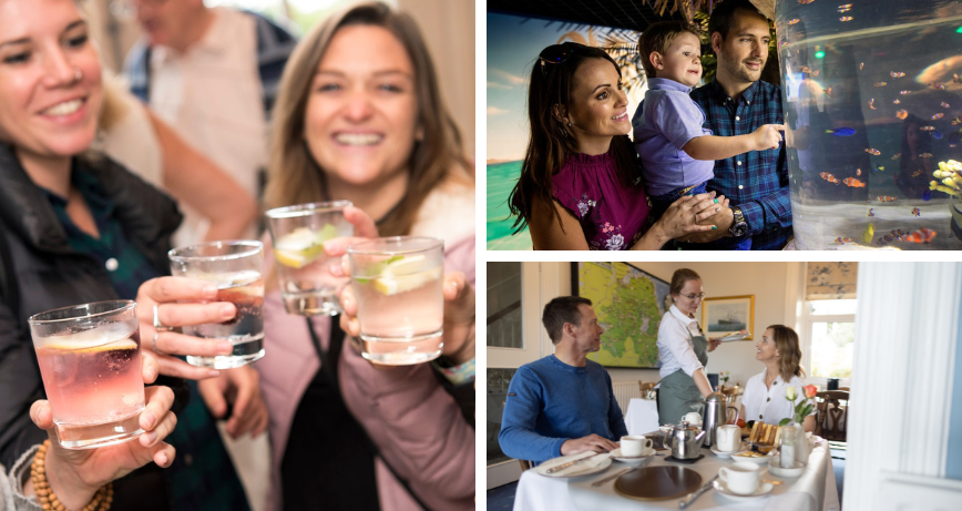 A trio of images including a group on a drinks tours, a couple enjoying breakfast and a family at Exploris Aqaurium